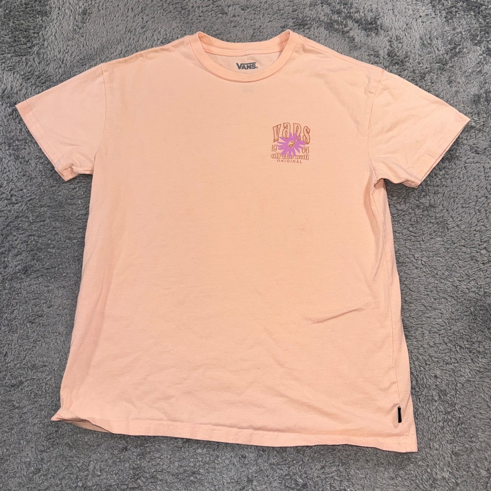 Vans Graphic T-Shirt XS Peach Purple Flower Yin Yang Off The Wall Cotton Tee